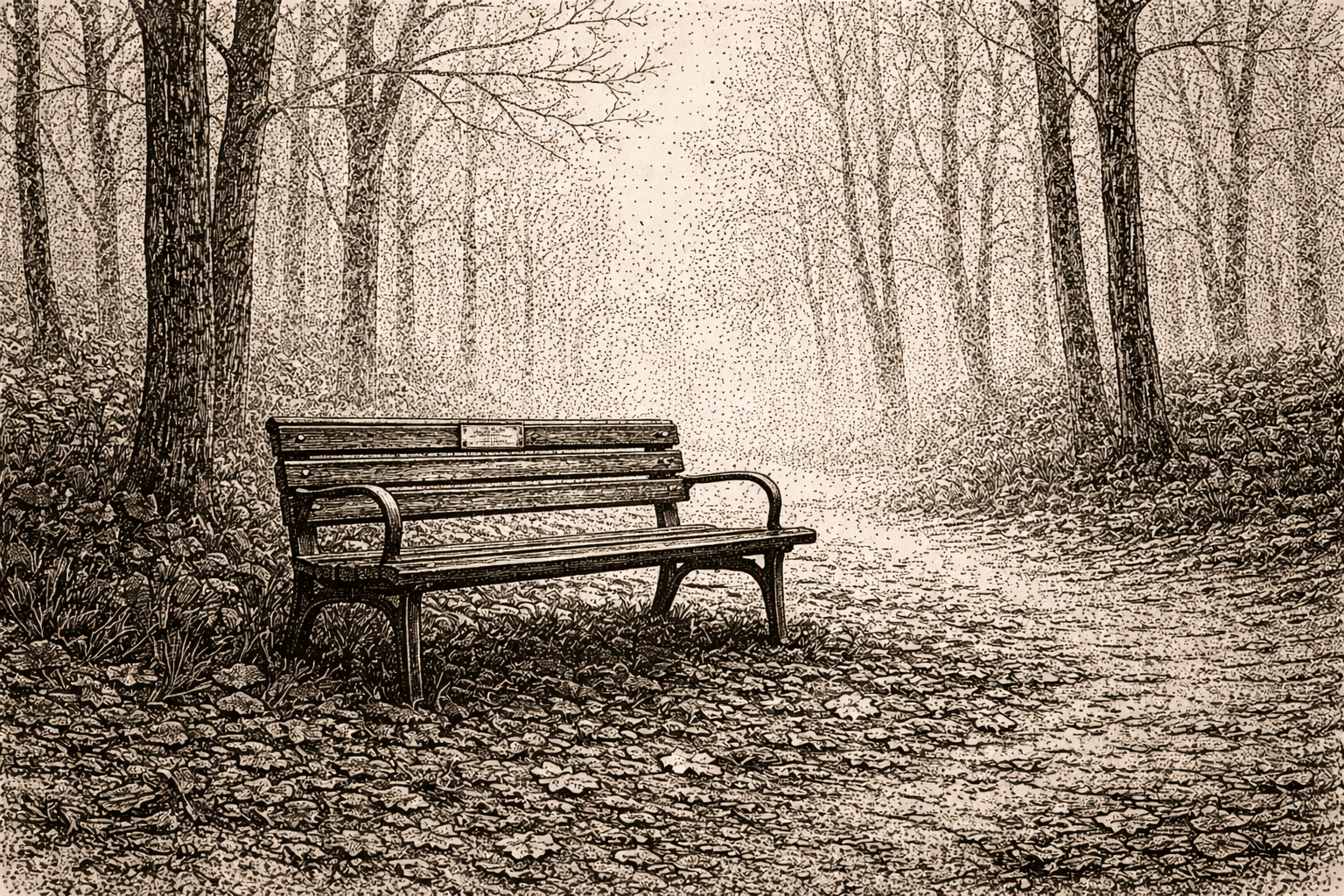 An empty bench along a trail in the woods. There is a plaque on it commemorating someone, but the writing is illegible.